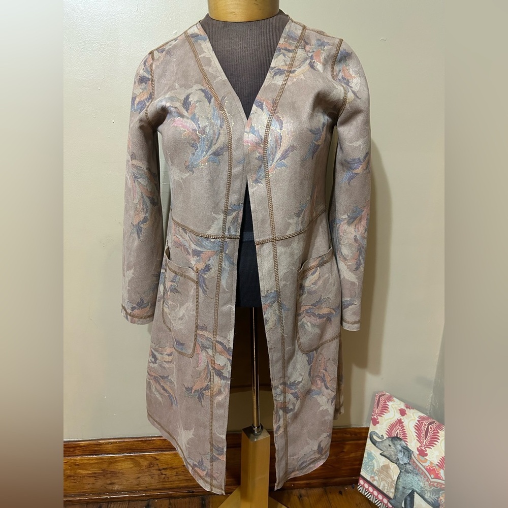 SOLITAIRE Anthropologie Vegan Suede Floral Dusty Rose Jacket Duster Size S EUC